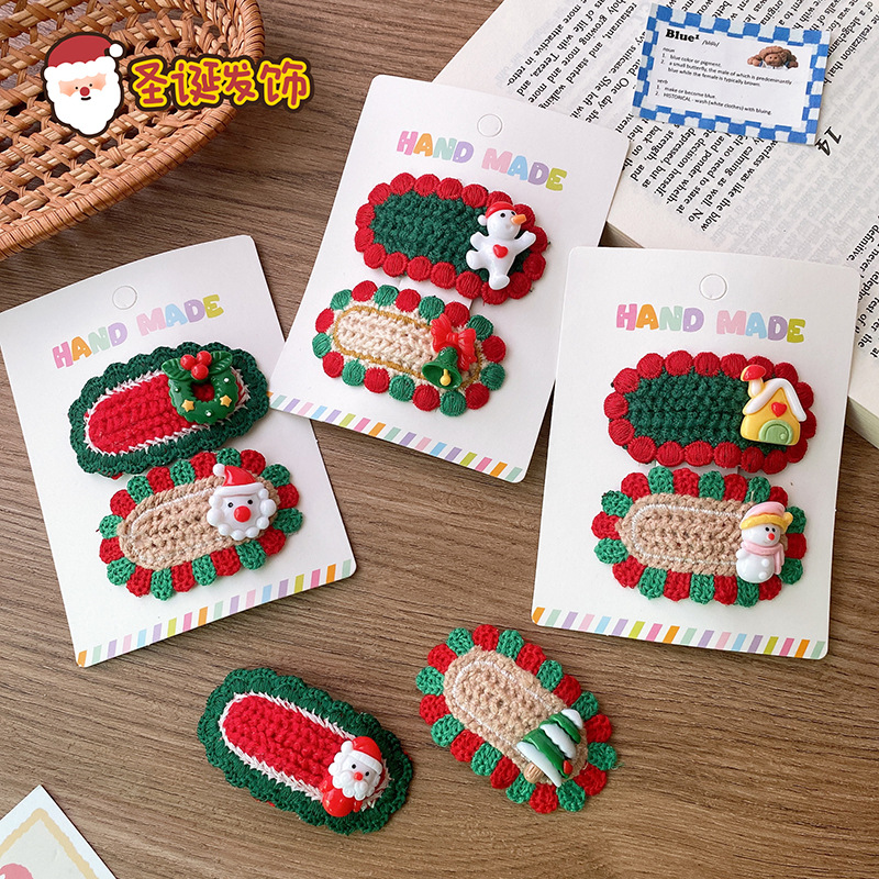 2个 圣诞节日可爱卡通圣诞老人雪人针织毛线椭圆花边发夹儿童头饰