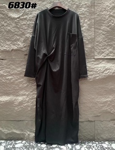 2025秋MI-AI女装新款 韩版个性设计宽松圆领长袖长款连衣裙子黑色