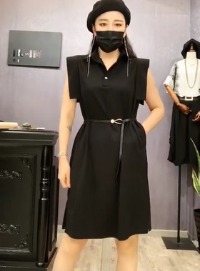 2025夏潮牌潮牌女装新款 韩版飞飞袖Polo领连衣裙子黑色配腰带