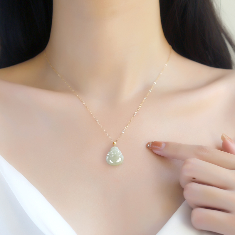 玉佛吊坠和田玉女玉石小弥勒佛像佛公佛头项链18k金玉佩金镶玉坠