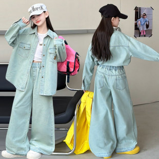 女童套装蓝色牛仔衬衫春装韩系小女生懒惰风休闲外套阔腿裤两件套