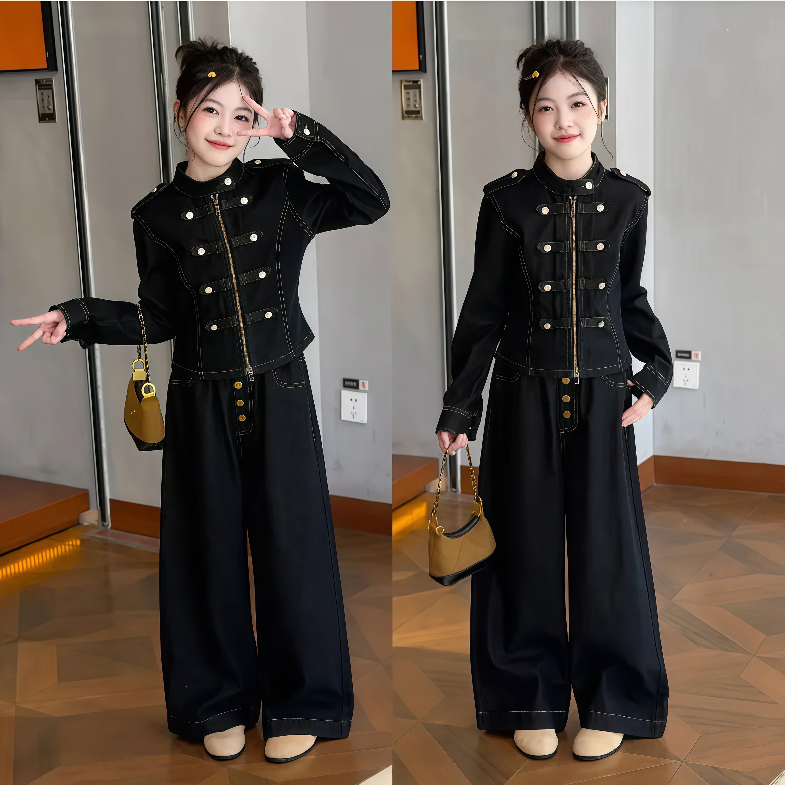 女童美式立领牛仔套装2026新款图片