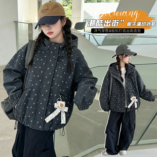 女童碎花毛呢外套秋冬新款连帽加厚宽松韩系中大童休闲呢子风衣潮