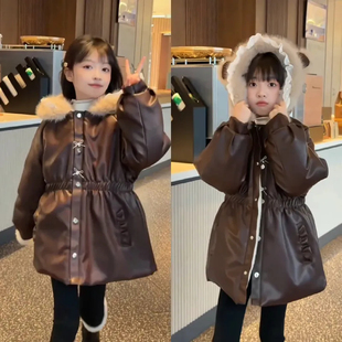 女童冬季外套2026新款洋气蝴蝶结毛领皮衣加绒加厚保暖中长款棉衣