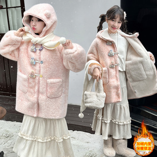 女童外套连帽羊羔绒呢子大衣冬装2026新款洋气加厚保暖中长款棉衣