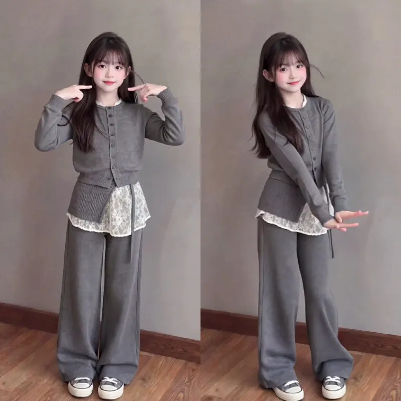 女童秋季韩系针织开衫阔腿两件套图片