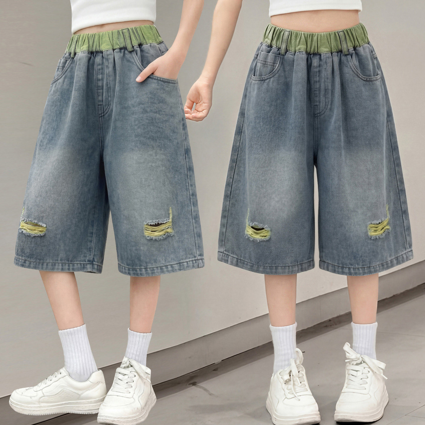 女童牛仔中裤夏季多巴胺风2026新款洋气韩版破洞短裤女大童七分裤