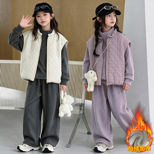 女童秋冬装棉马甲卫衣三件套2026韩版洋气加绒加厚休闲运动套装潮