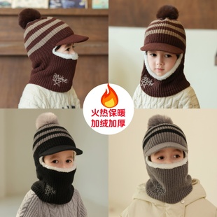 儿童毛线帽子女冬季韩版围脖一体加绒加厚男童防风护耳鸭舌连体帽