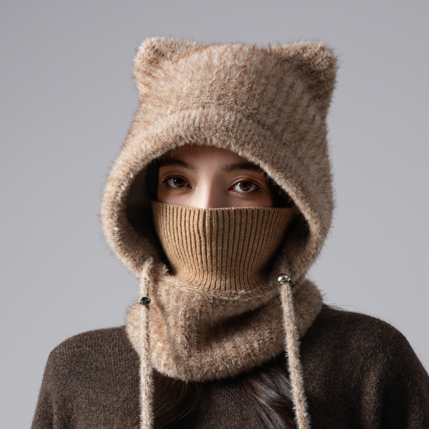 可爱小熊毛绒帽面罩围脖一体保暖