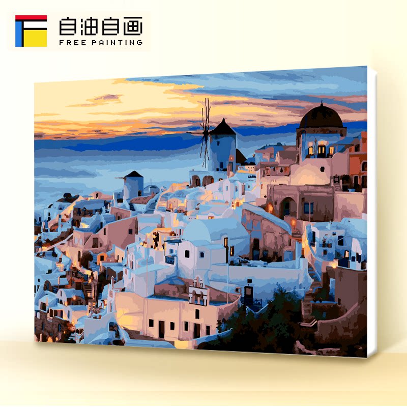 自油自画数字油画diy填色手工填充油彩画手绘风景现代 圣托里尼海