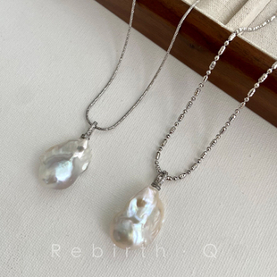 s925纯银天然异形巴洛克珍珠项链大颗炫彩强光复古长款毛衣链