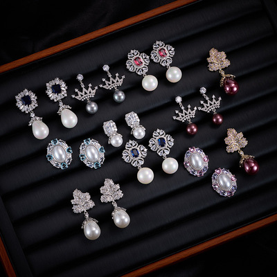 欧美复古满镶锆石水滴形珍珠耳环女高级感轻奢复古气质宫廷风