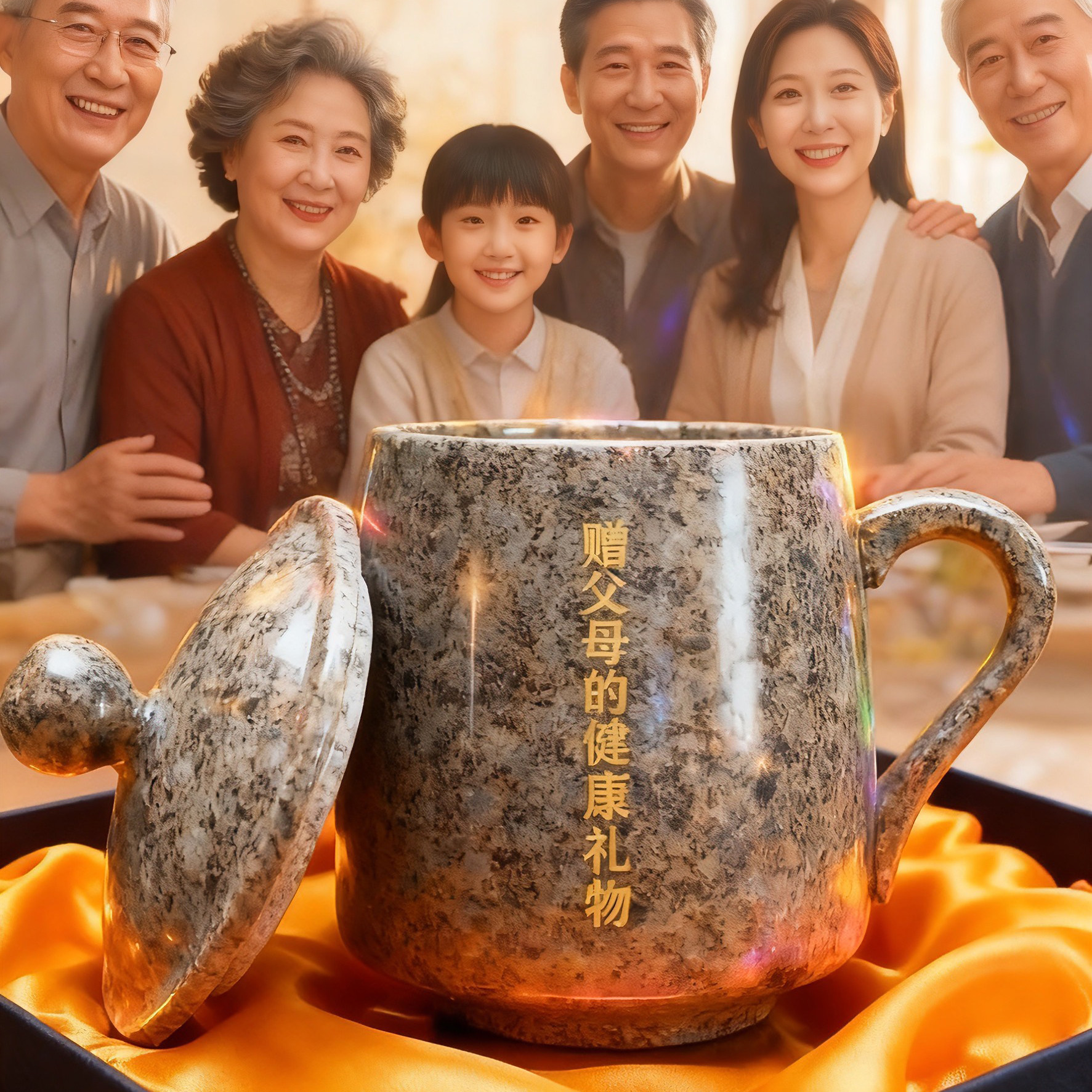 天然麦饭石水杯大容量喝水杯中式礼品马克杯子带盖创意茶杯纯手工