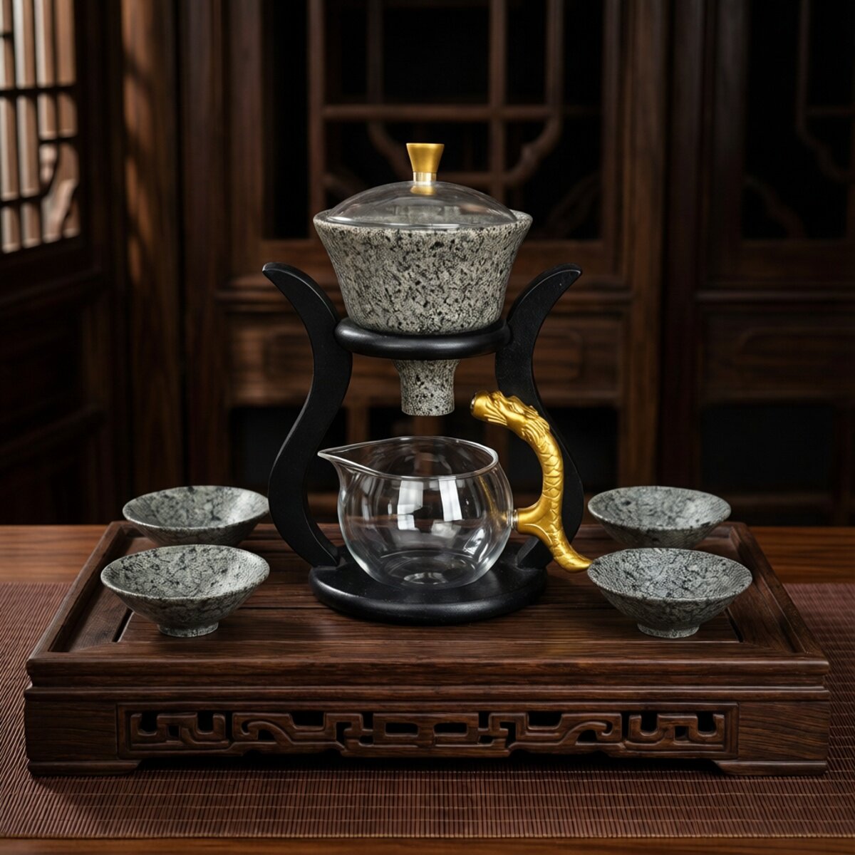 麦饭石玻璃自动茶具套装懒人防烫磁吸出水冲茶器家用简约茶壶茶杯