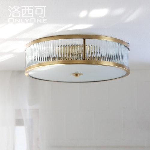 美式简约全铜格子玻璃吸顶灯