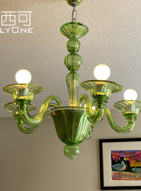 洛西可 法式优雅蜡烛吊灯 复古美式轻奢餐厅卧室客厅绿色玻璃灯具