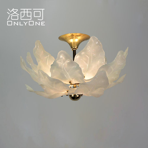 洛西可奶白树叶玻璃吊灯法式卧室