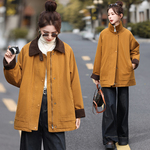 秋冬实拍拼色灯芯绒翻领休闲风加厚宽松中长款夹棉风衣外套棉服女