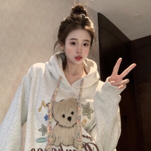 秋冬季实拍新潮长袖加绒加厚印花宽松设计感刺绣连帽保暖上衣女装