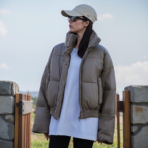冬季实拍纯色欧美短款立领长袖情侣pu皮棉服宽松面包服外套女装