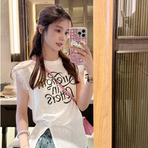 夏季实拍字母图案印花不规则背心时尚短袖百搭温柔风T恤女装