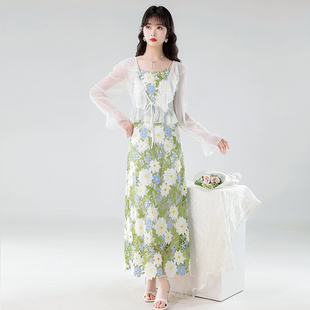 背带A字海滩度假中长连衣裙女装 夏季 实拍绿色无领休闲风印花无袖