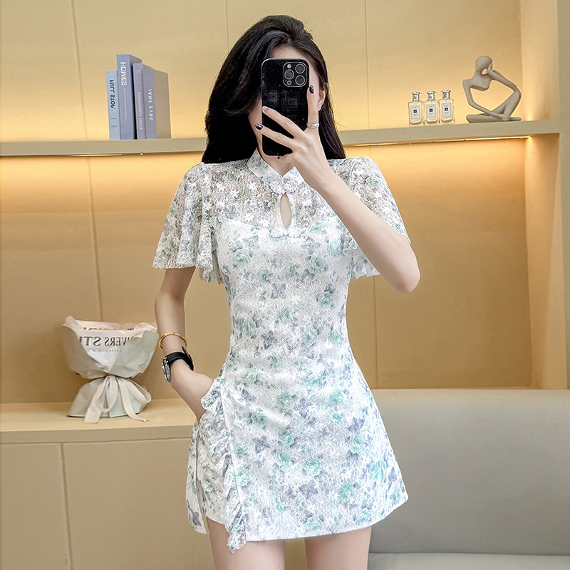 夏季实拍复古风短袖印花设计感拉链蕾丝修身包臀款旗袍连衣裙女装 - 淘宝联盟商品