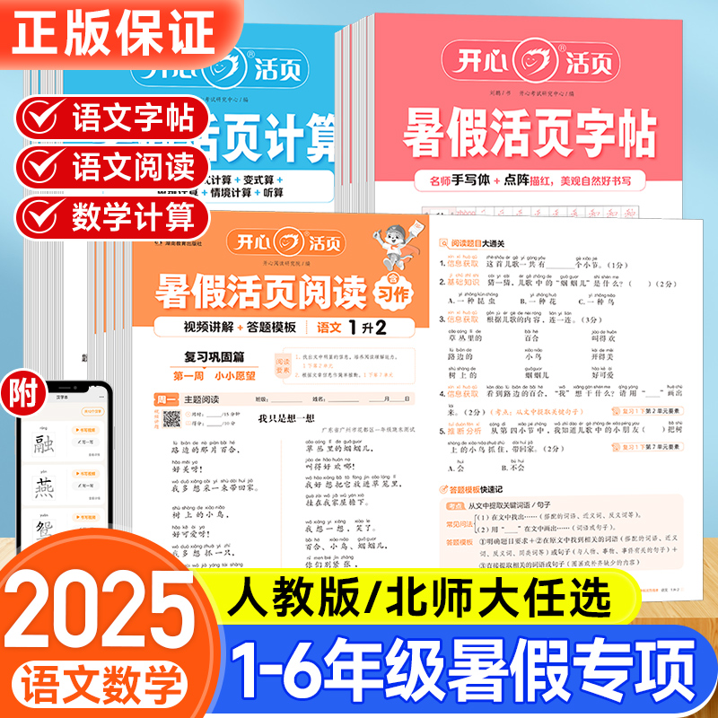 2025开心暑假活页计算阅读同步字帖专项训练一升二三四五六年级语文数学人教版北师版暑假作业衔接教材阅读理解38天打卡训练RJ