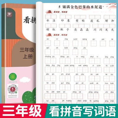三年级看拼音写词语上册下册人教版小学3年级上下学期语文课本看拼音写生字词语拼音专项训练同步全套配练习册组词练习题RJ