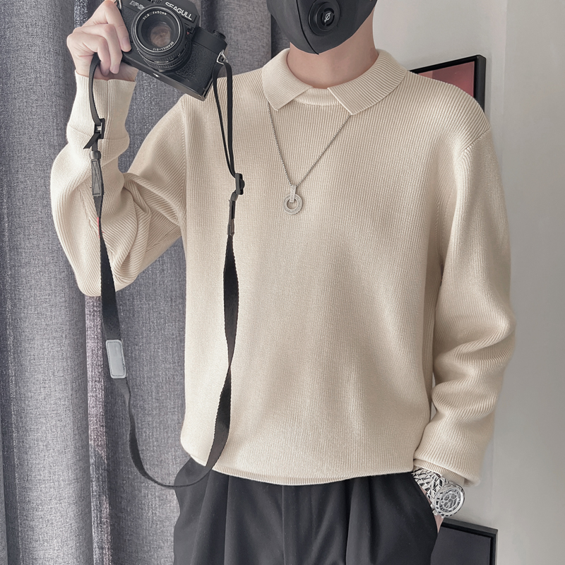 E259-特P98控138翻领针织衫男士羊毛衫设计感上衣简约百搭纯色米，男装针织衫/毛衣，电商A208