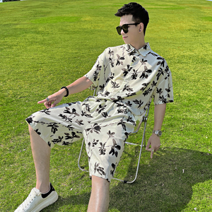 TZ25A-P78控108 夏季男士休闲百搭设计高级感花衬衫短裤套装T恤黑图片