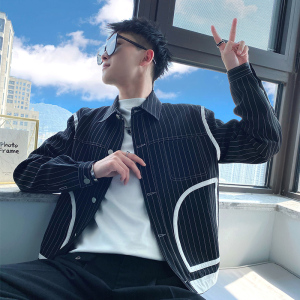J75-P98控138 春秋款男士痞帅外穿长袖百搭潮流条纹夹克外套 黑首图片