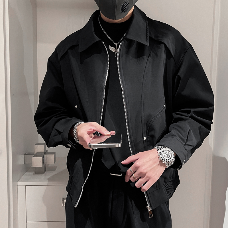 WT33-P98控138简约夹克宽松男翻领休闲上衣设计高级感外套黑，男装夹克，电商A208