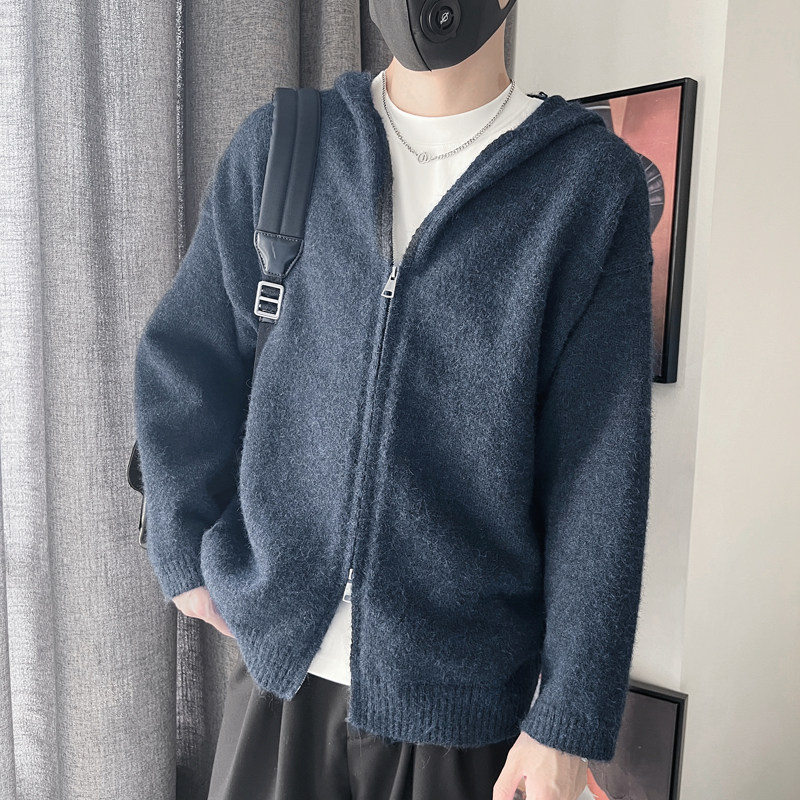 E256-P88控118设计连帽针织羊毛衫拉链百搭开衫简约纯色毛衣男蓝,男装针织衫/毛衣,电商A208