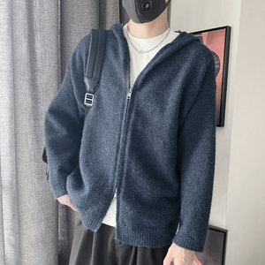 E256-P88控118设计连帽针织羊毛衫拉链百搭开衫简约纯色毛衣男 蓝图片