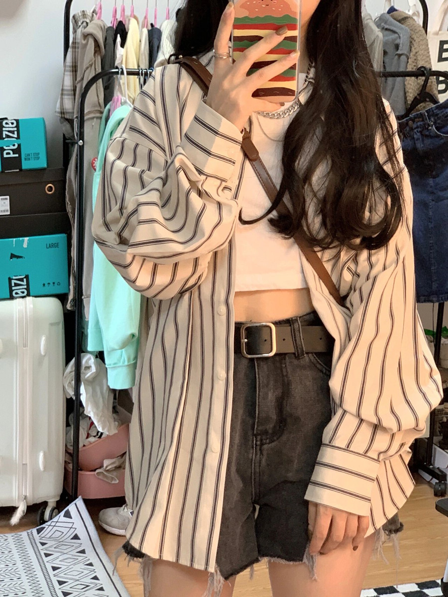 复古条纹衬衫外套女早春秋薄款宽松防晒开衫韩版休闲外搭长袖上衣