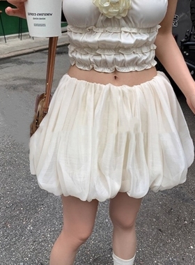 法式复古褶皱花苞半身裙子女春秋装夏季休闲高腰内搭蓬蓬a字短裙