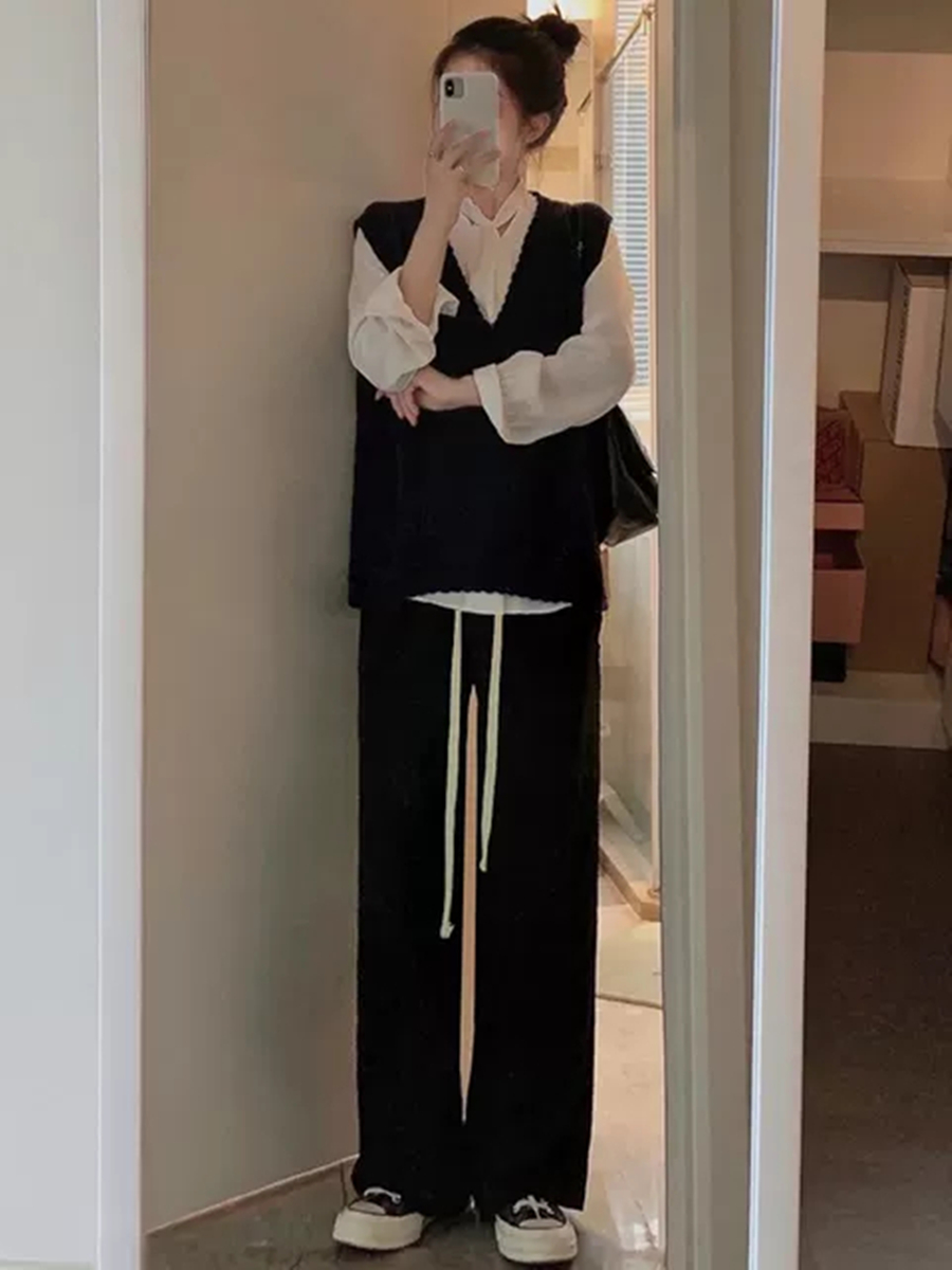 抽绳运动长裤女韩版春秋高腰垂感阔腿裤学生宽松显瘦直筒休闲卫裤