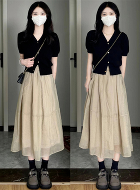 法式复古半身裙子女春夏季高级感气质高腰宽松显瘦雪纺中长款纱裙