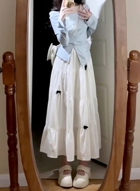 法式复古休闲蝴蝶结蛋糕半身长裙女春秋装夏季高腰宽松a字伞裙子