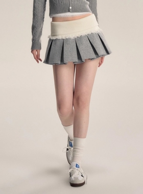 韩版高腰针织蕾丝花边百褶裙女春秋季外穿内搭打底半身裙A字短裙