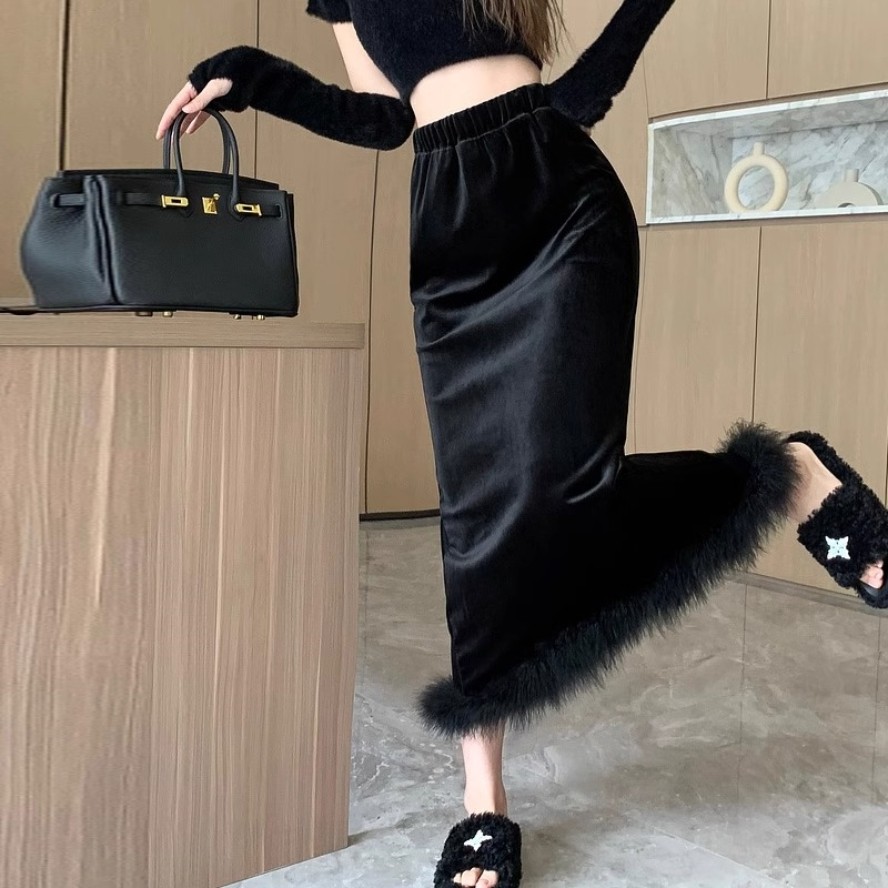 法式复古黑色丝绒半身裙子女春秋季打底内搭高腰包臀中长款开叉裙,女装/女士精品,半身裙,淘宝优惠券,粉丝福利购,淘宝优惠卷
