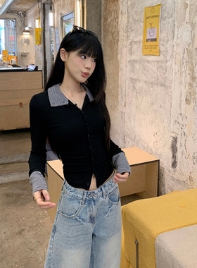 法式复古条纹修身开衫短款上衣女春秋季外穿收腰内搭翻领长袖衬衫