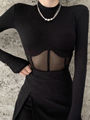 辣妹网纱连体T恤女春夏季 黑色长袖 半高领打底衫 韩版 内搭短款 上衣