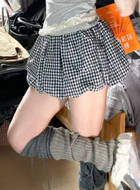 韩系复古格子休闲花苞蓬蓬短裙女春夏季外穿高腰蛋糕裙宽松半身裙