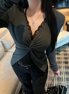 法式纯欲辣妹长袖V领打底衫女春秋季内搭蕾丝花边假两件修身上衣