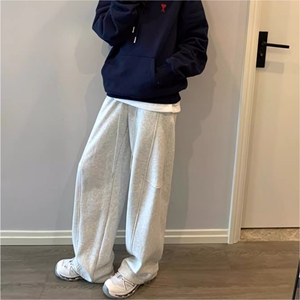 美式白灰色运动长裤子女春秋季高腰宽松垂感休闲直筒镰刀阔腿卫裤