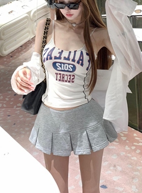 灰色百褶半身裙女春秋内搭夏季美式休闲运动风裙裤低腰a字短裙子