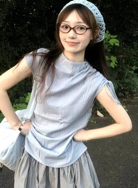 复古休闲蓝色条纹收腰衬衫女春夏季外穿抽绳绑带修身内搭无袖上衣